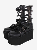 Süße Lolita-Sandalen in Schwarz mit Schnürung aus PU-Leder und runder Spitze