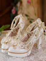 Süße Lolita-Schuhe Ecru-weiße Schleifen Blumen Spitze PU-Leder Lolita-Pumps mit klobigem Absatz