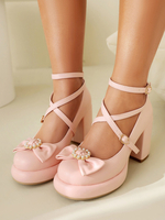 Süße Lolita-Schuhe mit rosa Schleifen aus PU-Leder und klobigem Absatz