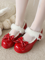 Süße Lolita-Schuhe mit roten Schleifen und runder Spitze aus PU-Leder