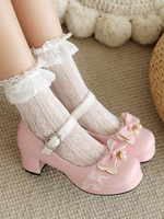 Süße Lolita-Schuhe Rosa Lolita-Pumps aus PU-Leder mit Schleifen und klobigem Absatz