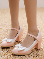 Süße Lolita Schuhe Rosa PU Leder Chunky Heel Schnüren Lolita Pumps