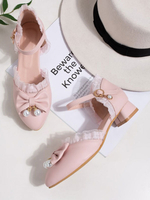 Süße Lolita Schuhe Rosa Schleifen Spitze Leder Welpen Absatz Lolita Pumps