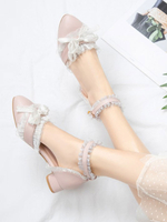 Süße Lolita Schuhe Rosa Schleifen Spitze Leder Welpen Absatz Lolita Pumps
