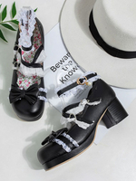 Süße Lolita Schuhe Schleifen Rüschen Leder Chunky Heel Lolita Pumps