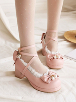 Süße Lolita Schuhe Schleifen Rüschen Leder Chunky Heel Lolita Pumps