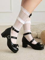 Süße Lolita-Schuhe; Schwarze Lolita-Pumps aus PU-Leder mit Schleifen und runder Spitze