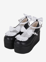 Süße Lolita-Schuhe; Schwarze Lolita-Pumps aus zweifarbigem PU-Leder mit Schmetterlingsmuster und Keilabsatz