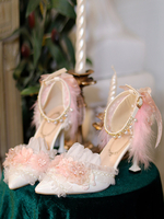 Süße Lolita-Schuhe weiße Blumen Ketten Rüschen PU-Leder Lolita-Pumps mit Stilettoabsatz