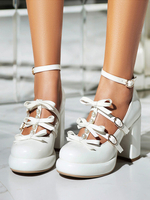 Süße Lolita-Schuhe; Weiße Lolita-Pumps aus PU-Leder mit Schleifen und runder Spitze