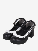 Süße Lolita-Schuhe weiße Schleifen PU-Leder Lolita-Pumps mit dickem Absatz