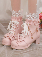 Süße Lolita-Stiefel aus PU-Leder mit Schleifen und runder Spitze rosa Lolita-Schuhe