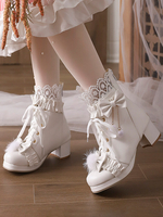 Süße Lolita-Stiefel aus PU-Leder mit Schleifen und runder Spitze weiße Lolita-Schuhe
