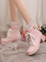 Süße Lolita-Stiefel in Rosa mit runder Spitze und PU-Leder