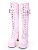 Süße Lolita Stiefel klobig Pony Heels Plattform Schnürschuh Bögen in rosa