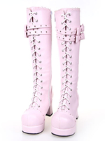 Süße Lolita Stiefel klobig Pony Heels Plattform Schnürschuh Bögen in rosa