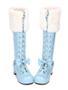Süße Lolita Stiefel Kunstfell schnüren sich oben Bow Chunky Heel blau Lolita Oberschenkel hohe Stiefel