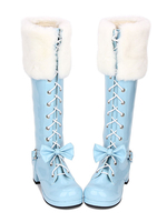 Süße Lolita Stiefel Kunstfell schnüren sich oben Bow Chunky Heel blau Lolita Oberschenkel hohe Stiefel