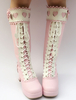 Süße Lolita Stiefel rosa Kniestrümpfe Plattform Chunky Heel Lace Up Bow Lolita Stiefel mit Herz-Ausschnitt