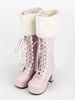 Süße Lolita Stiefel rosa Kunstpelz Schnürschuh Chunky Heel Stiefel