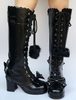 Süße Lolita Stiefel schwarze kniehohe klobige Ferse Plattform Schnürschuh Bogen Herz Lolita Stiefel mit Fuzzy Ball
