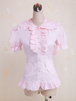 Süße rosa Lolita Bluse Kurzarm Rüschen Turn-Down-Kragen