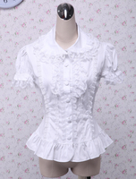 Süße weiße Baumwolle Lolita Bluse Kurzarm geschichteten Lace Trim Turn-Down-Kragen