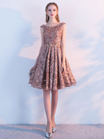 Sequin Party Dress Amber Lace Ärmellos Heimkehr Kleider Rundhals Eine Linie Schärpe Cocktail Kleider
