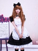 Süßer schwarzer Baumwolle Maid Lolita einteilige weiße Schürze Kurzarm Lace Trim