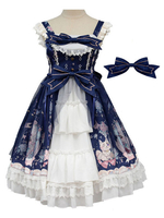 Süßes Lolita JSK Kleid Neverland Print Offene Schleifen Rüschen Lolita Pullover Röcke