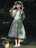 Süßes Lolita JSK Kleid Polyester Ärmelloser Blumendruck Schnürung Hellgrüne Lolita Pullover Röcke