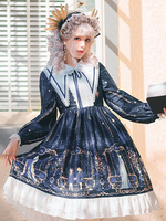 Süßes Lolita OP Kleid Neverland Blumendruck Tiefblaue Rüschen Lolita Einteilige Kleider