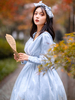 Süßes Lolita OP Kleid Plissee Netze Hell Himmelblau Langarm Lolita Einteilige Kleider
