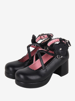 Süßes Lolita-Schuhwerk Schwarze Lolita-Schuhe aus PU-Leder mit Schleife und runder Spitze