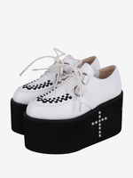 Süßes Lolita-Schuhwerk Weiße Lolita-Schuhe aus PU-Leder mit runder Spitze und Metallic-Nieten