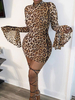 Sexy Bodycon Kleider Leopard Rundhalsausschnitt Langarm Slim Fit Kurzes Kleid Für Frauen