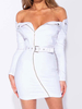 Sexy Bodycon Kleider Weiß von der Schulter Lange Ärmel Reißverschluss Slim Fit Etuikleid Mit Gürtel