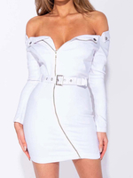 Sexy Bodycon Kleider Weiß von der Schulter Lange Ärmel Reißverschluss Slim Fit Etuikleid Mit Gürtel