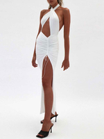 Sexy Club Kleid Weißes Halfter Ärmelloses rückenfreies langes Kleid mit plissiertem Schlitz
