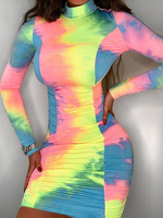 Sexy figurbetonte Kleider Tie Dye Langarm Rüschen Slim Fit Kurzes Kleid