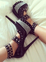 Sexy High Heels Schwarze Plattform Nieten Stöckel Absatz Riemchen Pumps Für Frauen