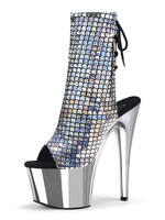 Sexy High Heels Stiefel Peep Toe Schnür Reißverschluss Stiletto Rave Club Rücken Krawatte Silber Sexy Ankle Boots