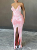 Sexy Maxikleider Pink Straps Neck Split Front Langes Kleid Für Frauen