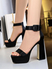 Sexy Sandalen für Frau Black Satin Round Toe Chunky Sandalen