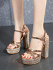 Sexy Sandalen für Frau Blonde PU Leder Square Toe Chunky Heel Sandalen