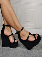 Sexy Sandalen mit hohen Absätzen für Damen Schwarze Micro Wildleder-Oberteile mit offenem Zeh und Keilabsatz