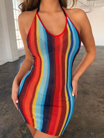 Sexy Sommerkleid Gestricktes Neckholder Rainbow Striped Beach Backless Minikleid
