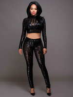 Sexy Zweiteiler Set Langarm Pailletten Glitter Crewneck Club Sets für Frauen