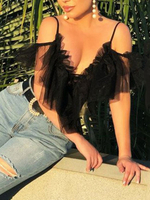 Sheer Bodysuit Rüschen Open Shoulder Sexy Top für Frauen