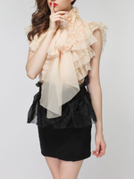 Shirt für Frauen Apricot Layered Rüschen Stehkragen Retro ärmellose Organza Tops
